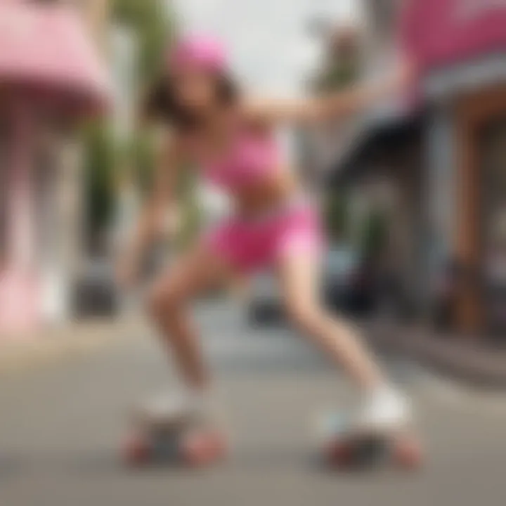 Dynamic action shot of skateboarding in bright pink bike shorts