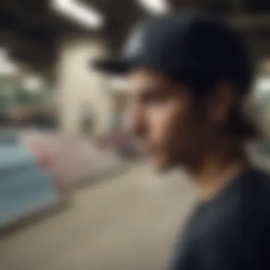 Skateboarder wearing an adidas hat, blending into an urban skate park environment