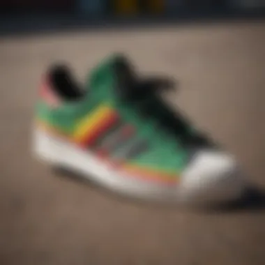 Artistic representation of Rasta colors in Adidas shoe design