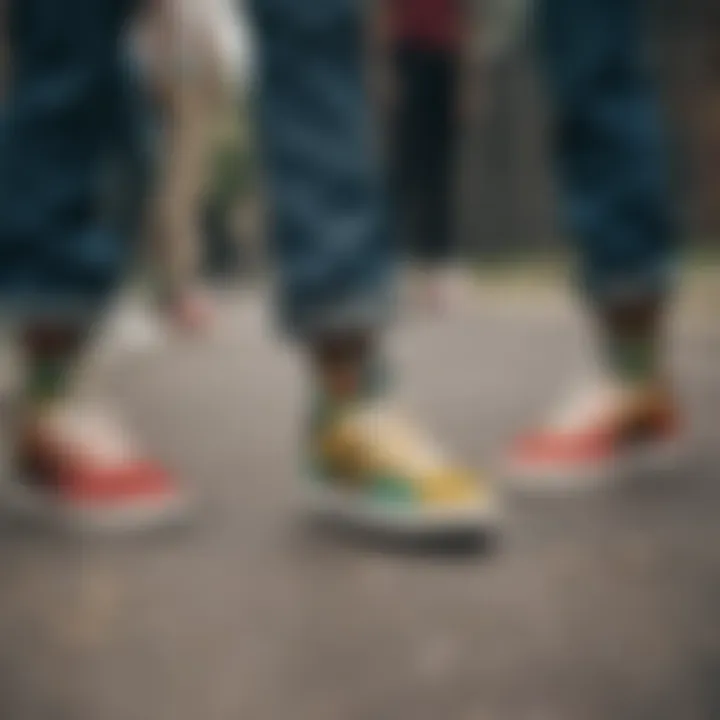 Group of diverse individuals wearing Adidas shoes in Rasta colors