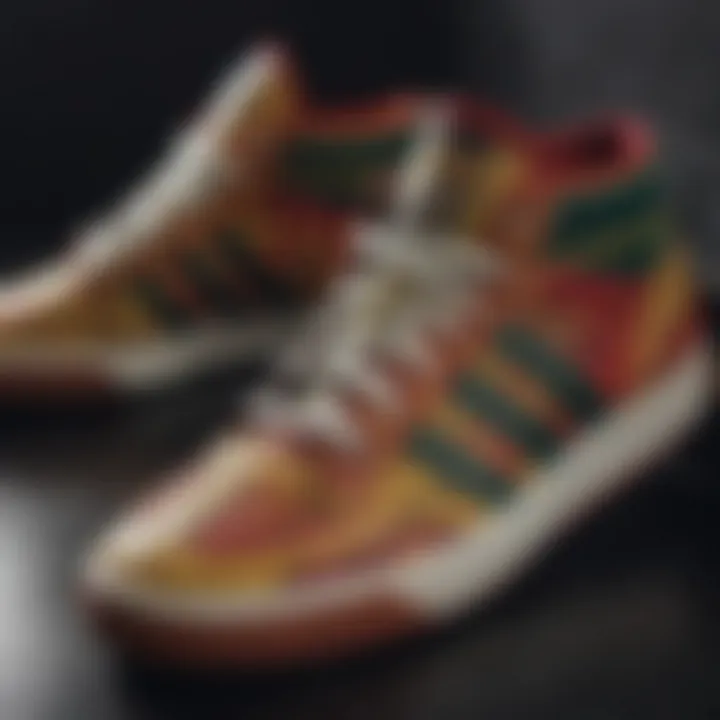 Close-up of Rasta colored Adidas shoes highlighting their unique design