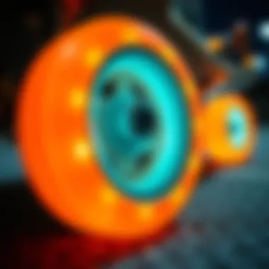 Close-up of skateboard wheels with integrated lighting technology