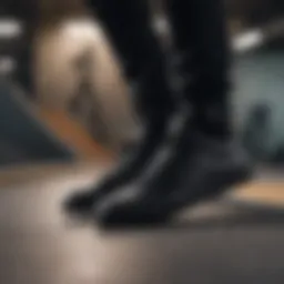 A close-up shot of all black Nike sneakers on a skate park ramp, emphasizing their sleek design and grip.