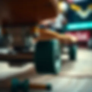 Detailed view of the longboard's wheels and deck, emphasizing craftsmanship