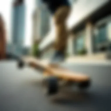 Skater performing tricks on the Arbor Axis Bamboo Longboard in an urban environment