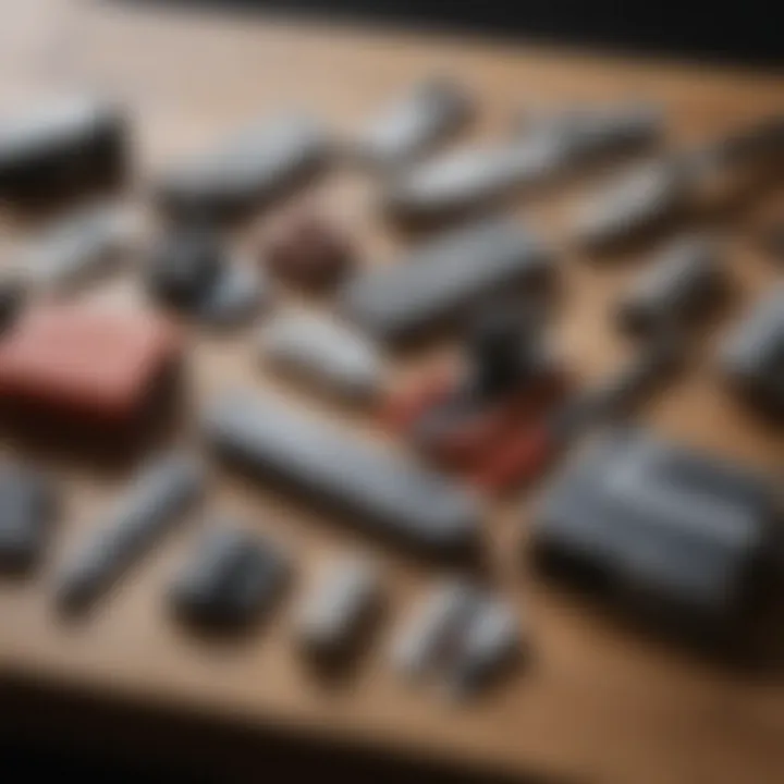 An assortment of different skate sharpening tools displayed on a wooden surface.