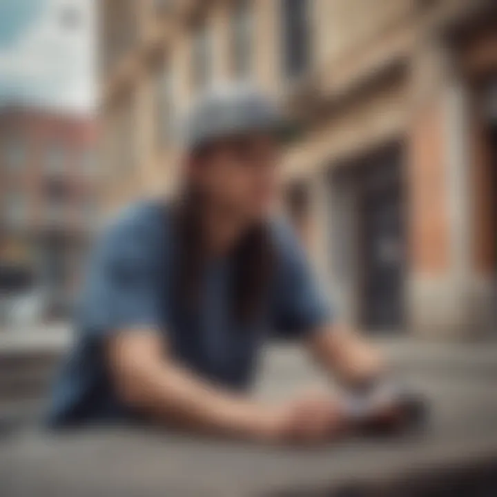 A stylish individual wearing a snapback hat in an urban skateboarding setting