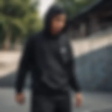 Stylish black Nike jumper showcased in an urban skate park setting