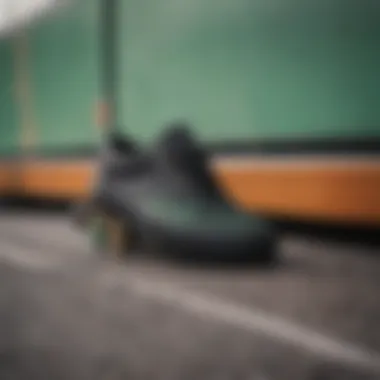 Black Vans placed against a vibrant skateboard deck