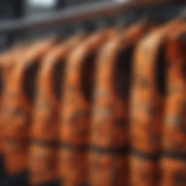 A collection of orange camo vests displayed in a stylish manner