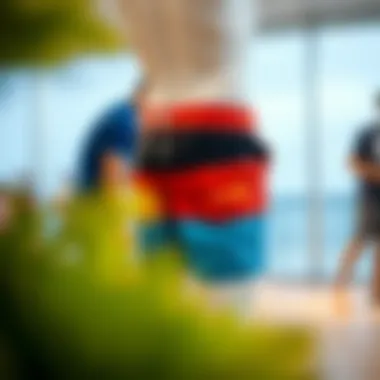 Illustration showing proper fit of board shorts on a mannequin