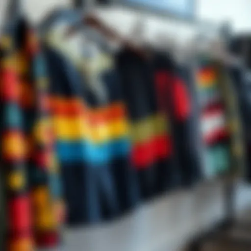 Diverse styles of board shorts displayed on a rack