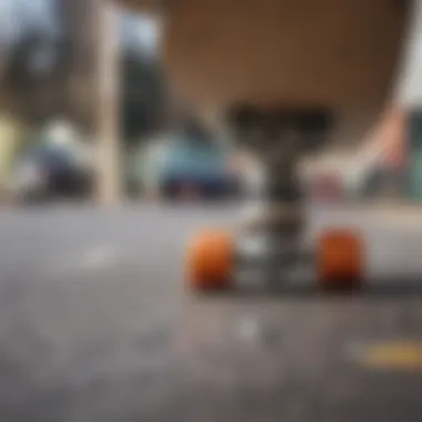 Close-up of skateboard components including wheels and trucks