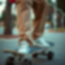 Stylish corduroy cargo pants displayed on a skateboard