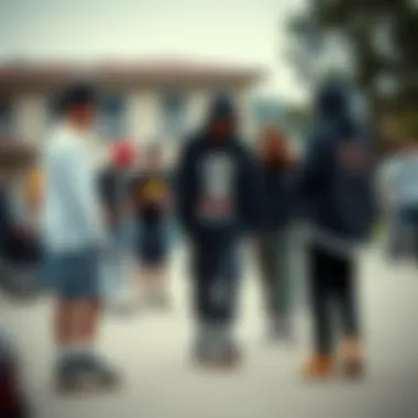 A group of skaters interacting, highlighting the community aspect of skate culture and baggy fashion