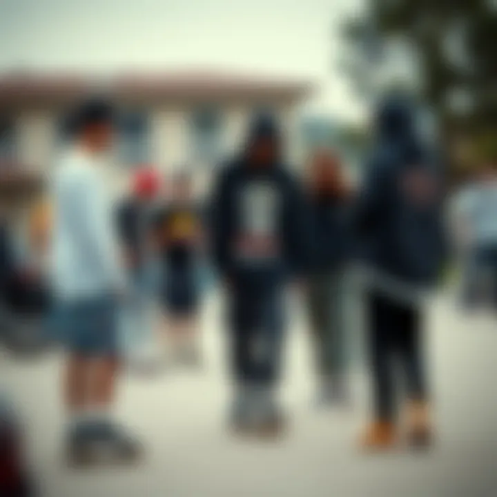 A group of skaters interacting, highlighting the community aspect of skate culture and baggy fashion