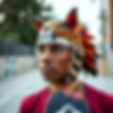 A skateboarder sporting a vibrant animal hat, showcasing individuality