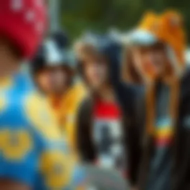 A group of skateboarders wearing animal hats, illustrating community and expression