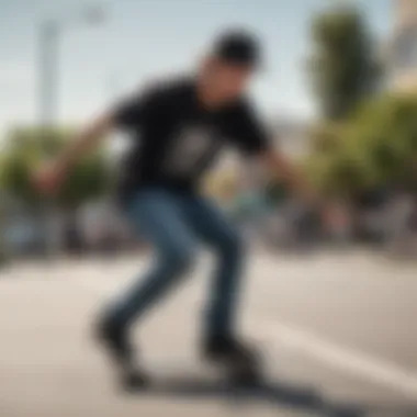 A skateboarder performing a trick while sporting the 'Bad to the Bone' shirt