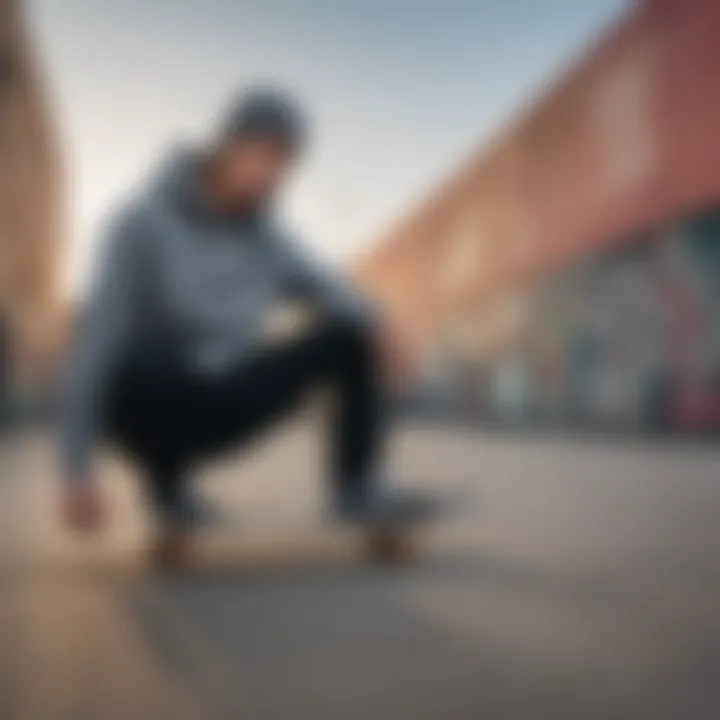 A skateboarder wearing a Vans Off the Wall hoodie in an urban skate park setting.