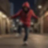 A skateboarder wearing a dark red zip-up hoodie performing a trick.