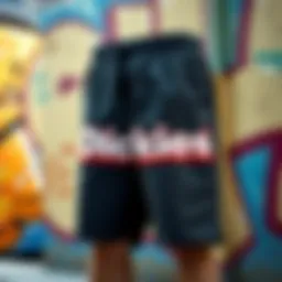 A pair of classic Dickies shorts showcased against a vibrant graffiti backdrop