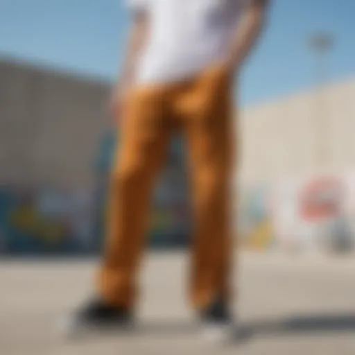 Classic Dickies skater pants showcased in an urban skate park setting