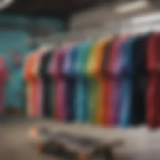 Colorful drippy shirts hanging on a skateboard