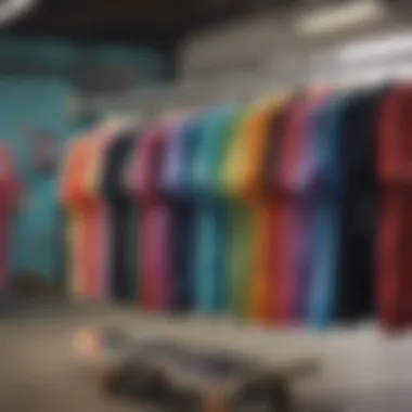 Vibrant Display of Drippy Shirts in Skate Culture Colorful drippy shirts hanging on a skateboard