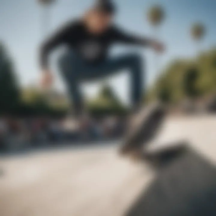 A skater performing tricks wearing Eastbay skate shoes on a skate park ramp.