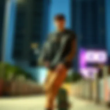 A skater showcasing baggy long sleeve attire on a vibrant urban backdrop