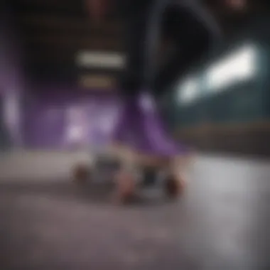 A dynamic skateboarding scene featuring a skater wearing black and purple Adidas footwear.