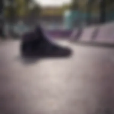 A creative view of black and purple Adidas in an urban skatepark setting.