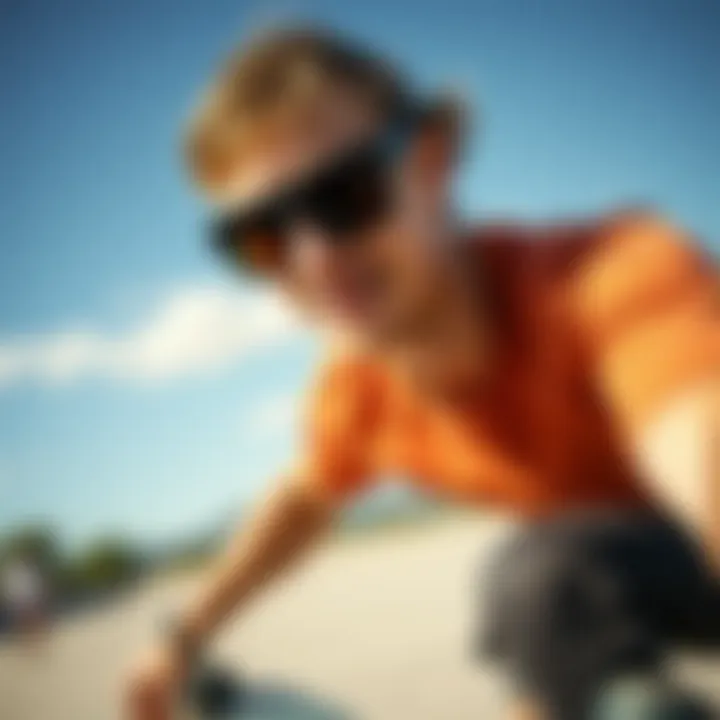 Skateboarding with Polarized Eyewear Skateboarder wearing polarized glasses on a bright sunny day