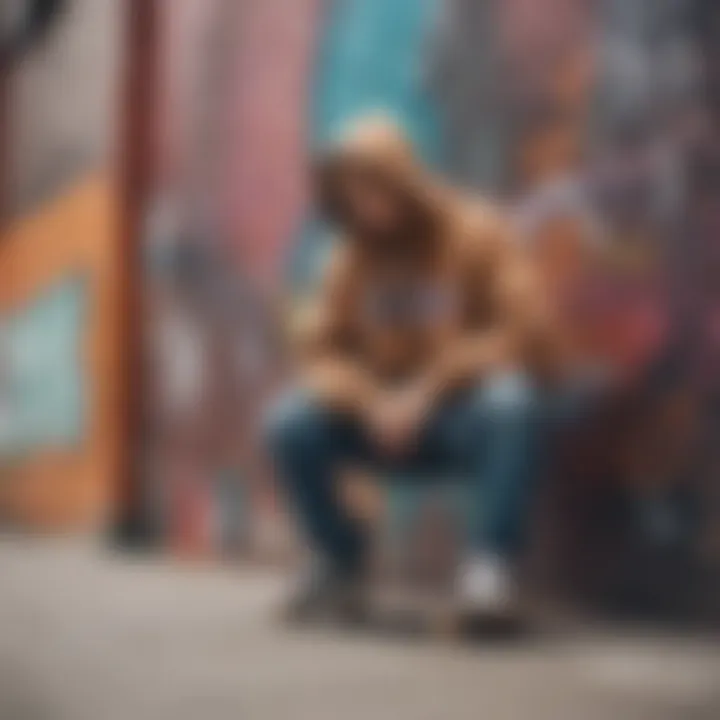 Skateboard leaning against a colorful graffiti wall with a stylish hoodie