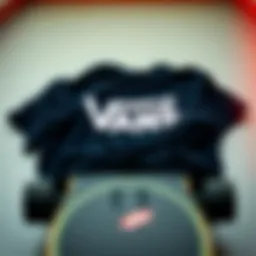 A stylish black Vans shirt displayed on a skateboard