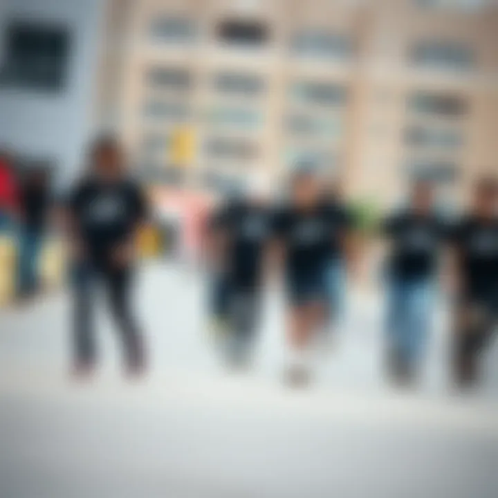 Group of skaters wearing black Vans shirts in an urban setting