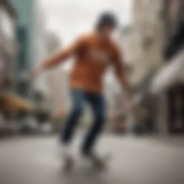 A skateboarder wearing a trendy long sleeve graphic tee while performing a trick