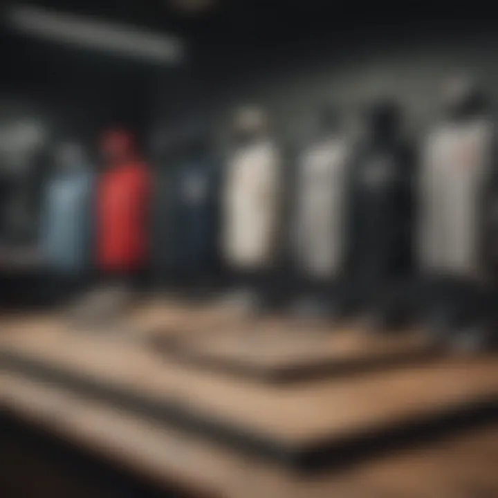 An organized display of popular skate brands and crew clothing selections.