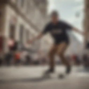 A vibrant street scene showcasing skaters in stylish crew clothing.