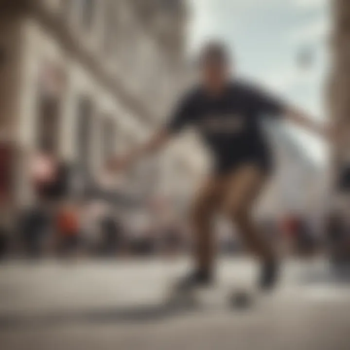 A vibrant street scene showcasing skaters in stylish crew clothing.