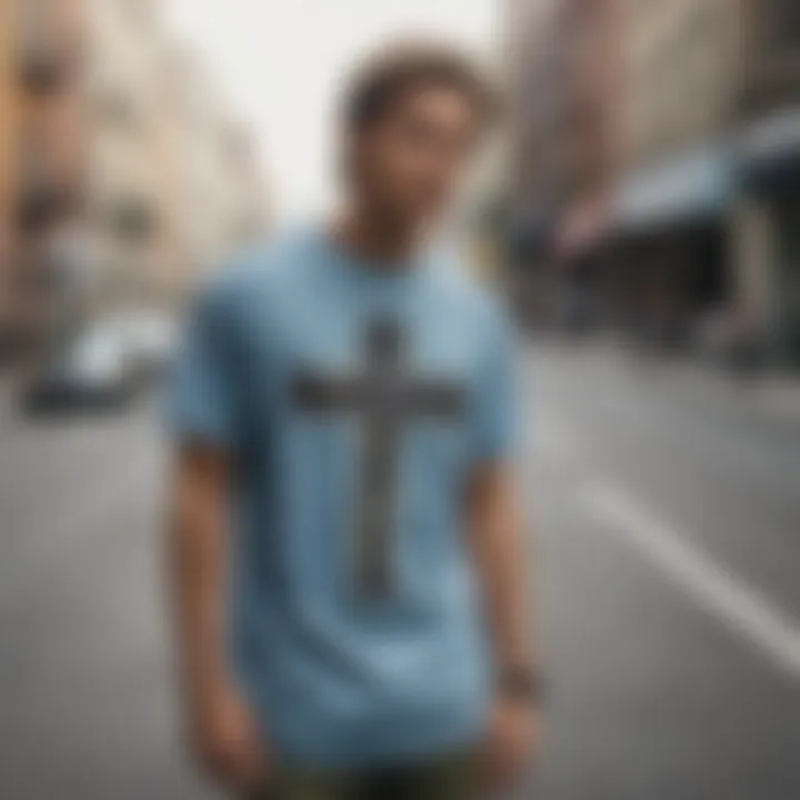 Skateboarder wearing a cross shirt in an urban setting