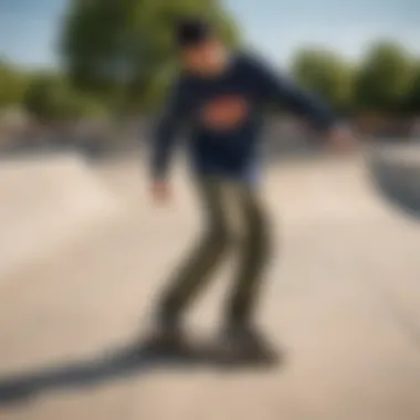 A skater performing tricks in Dickies cargo pants at a skate park