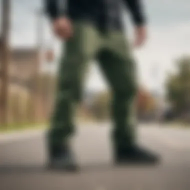 Skateboarder wearing Dickies green cargo pants in action