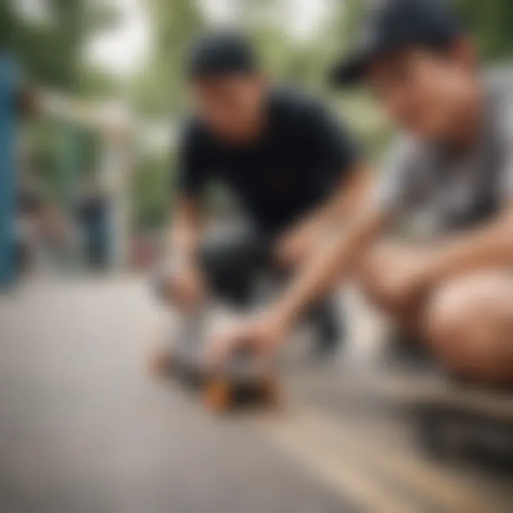 Engaged community of fingerboarding enthusiasts sharing tips at a local skatepark.