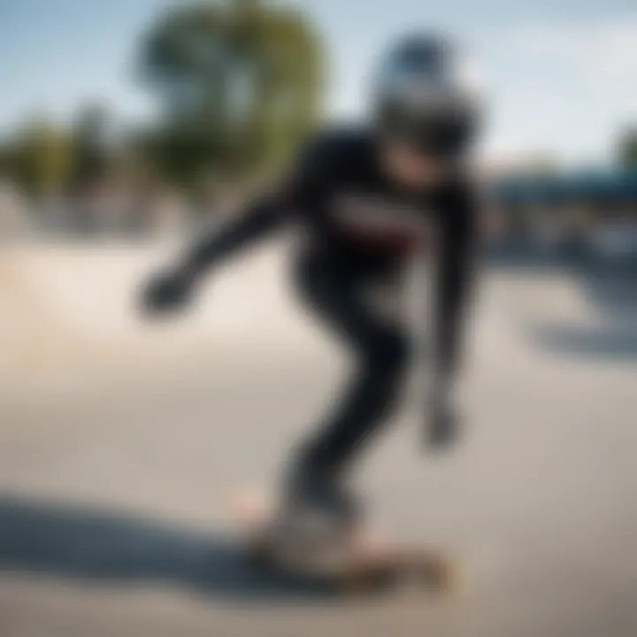 A skater wearing a full face helmet performing tricks at a skate park.