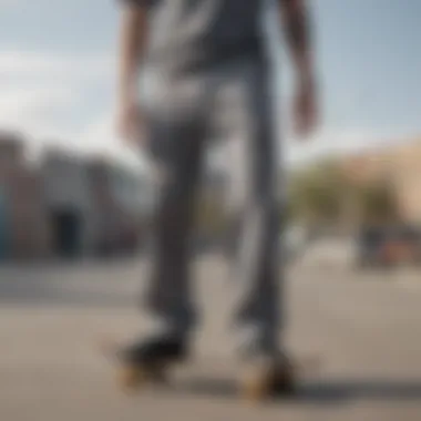 A collection of grey Dickies pants displayed on a skateboard, highlighting their versatility.