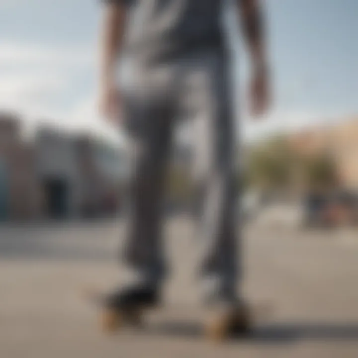 A collection of grey Dickies pants displayed on a skateboard, highlighting their versatility.