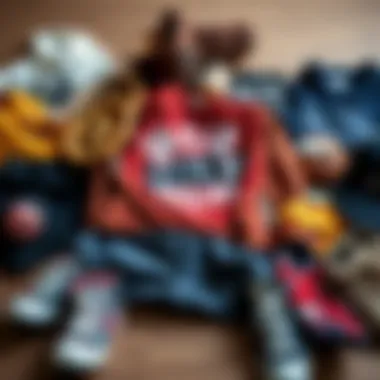 An artistic layout of indie clothing items arranged creatively.