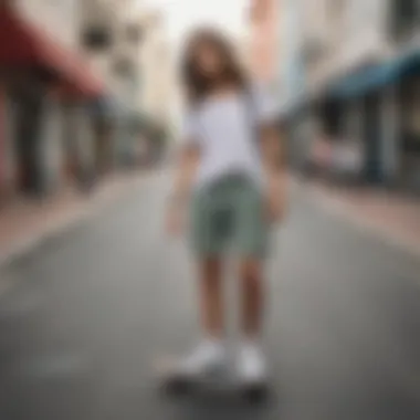 A stylish skateboarder showcasing baggy Bermuda shorts in an urban setting.